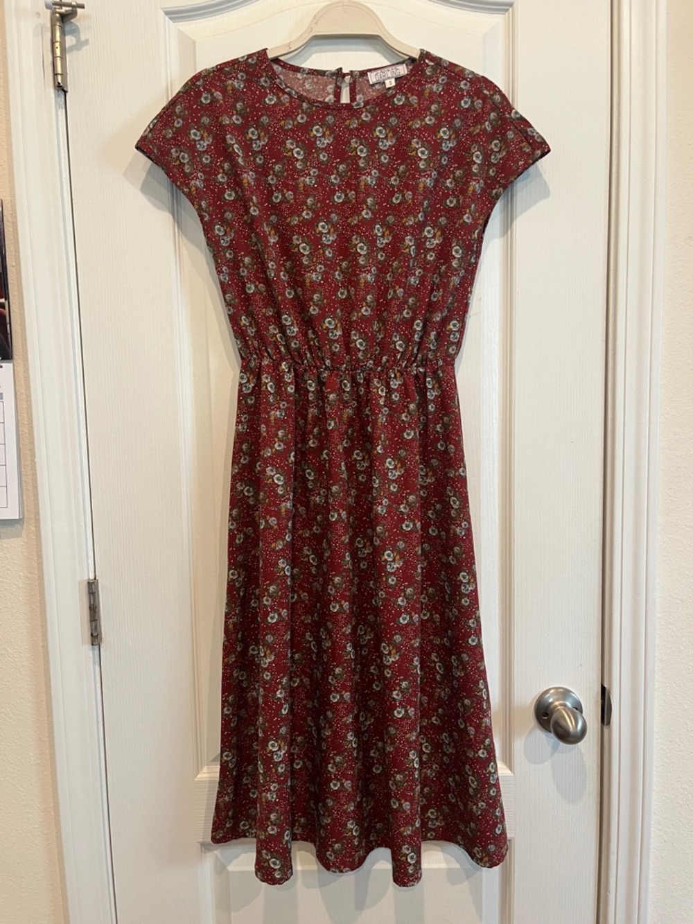 Floral Rust Midi Dress with Elastic Waist